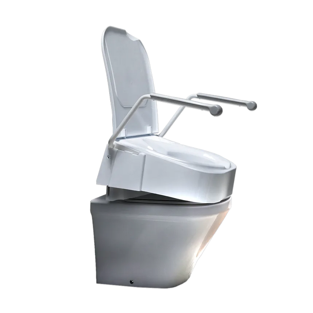 A white ceramic toilet with a raised seat, shown with a silver metal grab bar mounted on the sides. The product is isolated on a solid white background.