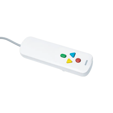 A white plastic game controller with four colored buttons (green, blue, yellow, red) and a gray cable, shown on a plain white background.