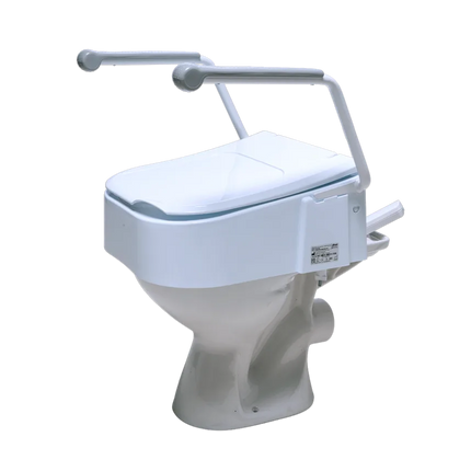 White toilet with integrated side grab handles and a small side-mounted fixture, shown on a plain white background.
