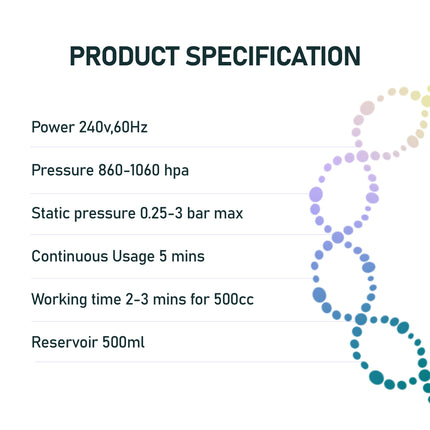 Product specifications for Projet 101 Electronic Ear Irrigator S2, including power, pressure, and reservoir details.