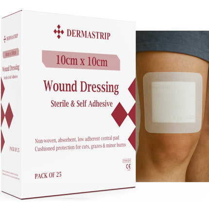 Dermastrip wound dressing packaging with a patch applied to skin.