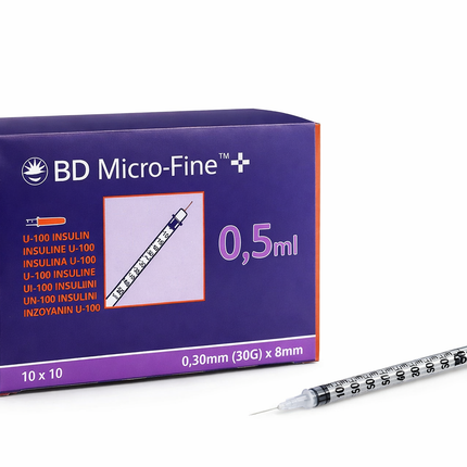 BD 0.5ml 30G x 8mm insulin needle syringe box and single syringe for precise insulin delivery.