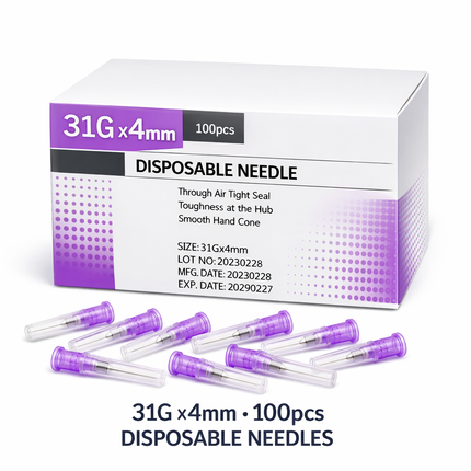 Box of disposable needles with 100 pieces, size 31G x 4mm, on a white background.