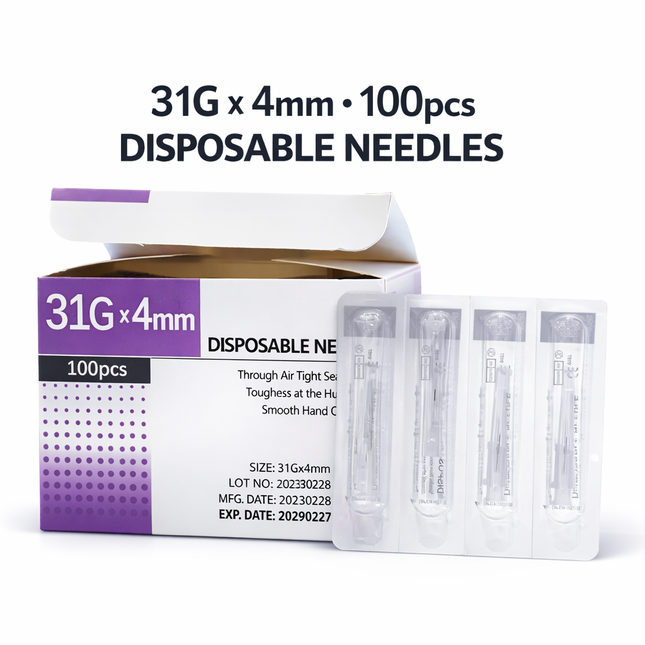 Box of 31G x 4mm disposable needles with specifications on a white background