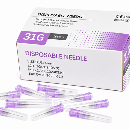 Box of disposable needles with 31G gauge and a set of needles displayed in front.