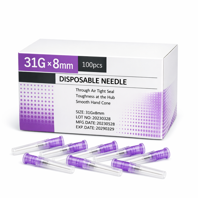 Box of disposable needles with purple and white design on a white background
