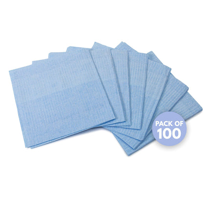 Disposable ear irrigation capes in a pack of 100 for patient clothing protection during cleaning procedures.