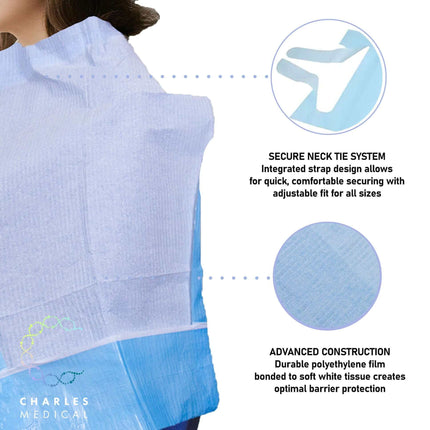 Disposable ear irrigation capes with neck tie system for secure fit, showcasing durable polyethylene film construction. Pack of 100.