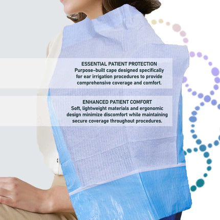Person wearing a blue disposable ear irrigation cape, highlighting comfort and protection during medical procedures.