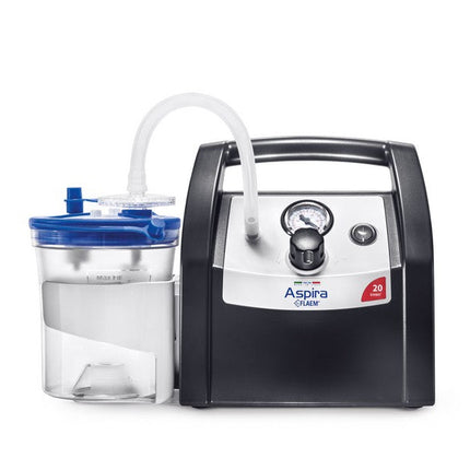 Flaem Aspira Plus suction unit, professional desk type for medical and home use, featuring durable polymer and snap-on jar holder.