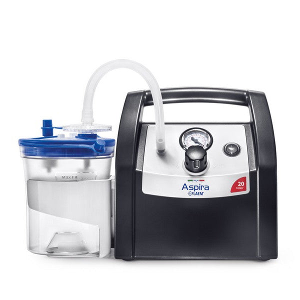 Flaem Aspira Plus suction unit, professional desk type for medical and home use, featuring durable polymer and snap-on jar holder.