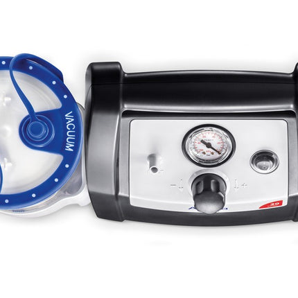 Flaem Aspira Plus suction unit for medical and home use, featuring durable construction and snap-on jar holder.