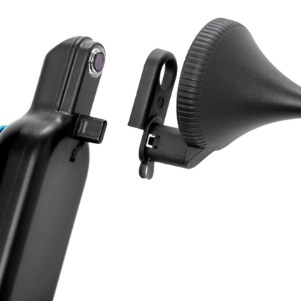 A black plastic medical-style applicator or nozzle tool shown disassembled on a plain white background, with a main body, clip attachment, and funnel-shaped tip.