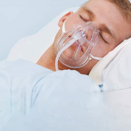 Oxy2Mask adult oxygen mask with tubing for high flow and aerosol therapy in acute care settings.