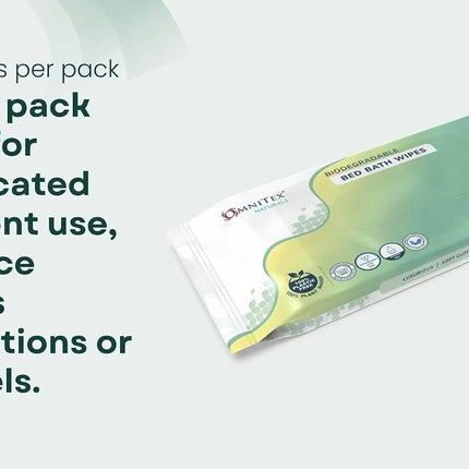 Omnitex red bath wipes in a green and white pack, shown on a light gray background with promotional text describing 10 wipes per pack and ideal patient-use size.