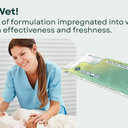 Promotional graphic for Omnitex Super Wet wipes, showing a smiling healthcare worker beside an elderly woman in bed, with a pack of green and white wipes floating on the right and descriptive text at the top.