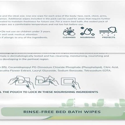 The back of a white plastic package of Omnitex Ring-Free Bed Bath Wipes, showing product information, icons, a barcode, and a green band at the bottom.