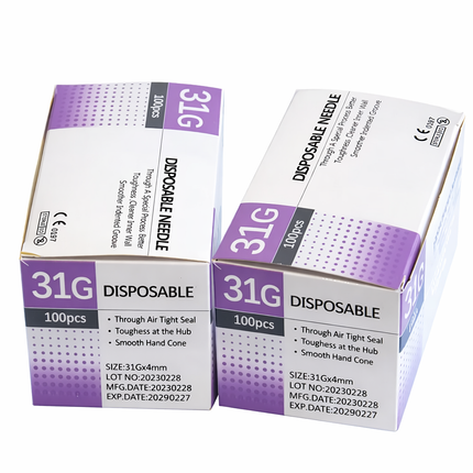 Two boxes of disposable needles with purple and white design on a white background