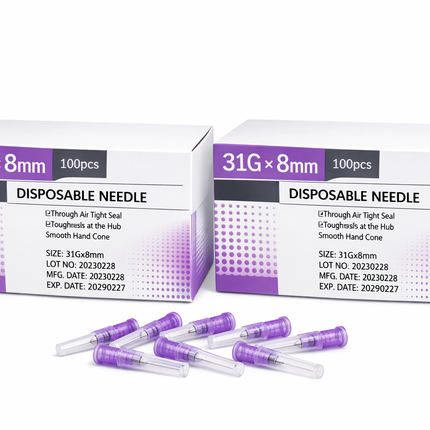 Two boxes of disposable needles with visible specifications on a white background