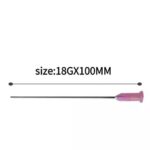 18G 100mm hypodermic needle, stainless steel, CE-marked and sterile
Close-up of 18G needle tip and hub for syringe compatibility

