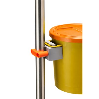 A close-up of a yellow bucket with an orange lid mounted to a silver metal pole using an orange and gray plastic bracket, shown against a plain white background.