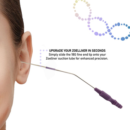 Zoellner suction tube with 18G fine tip being used on an ear, with text about upgrading the tool.
